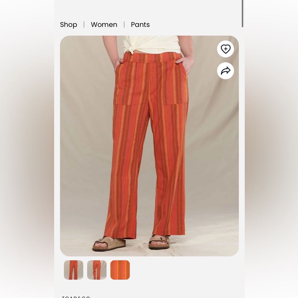 Toad&Co Taj Hemp Pants in papaya stripe